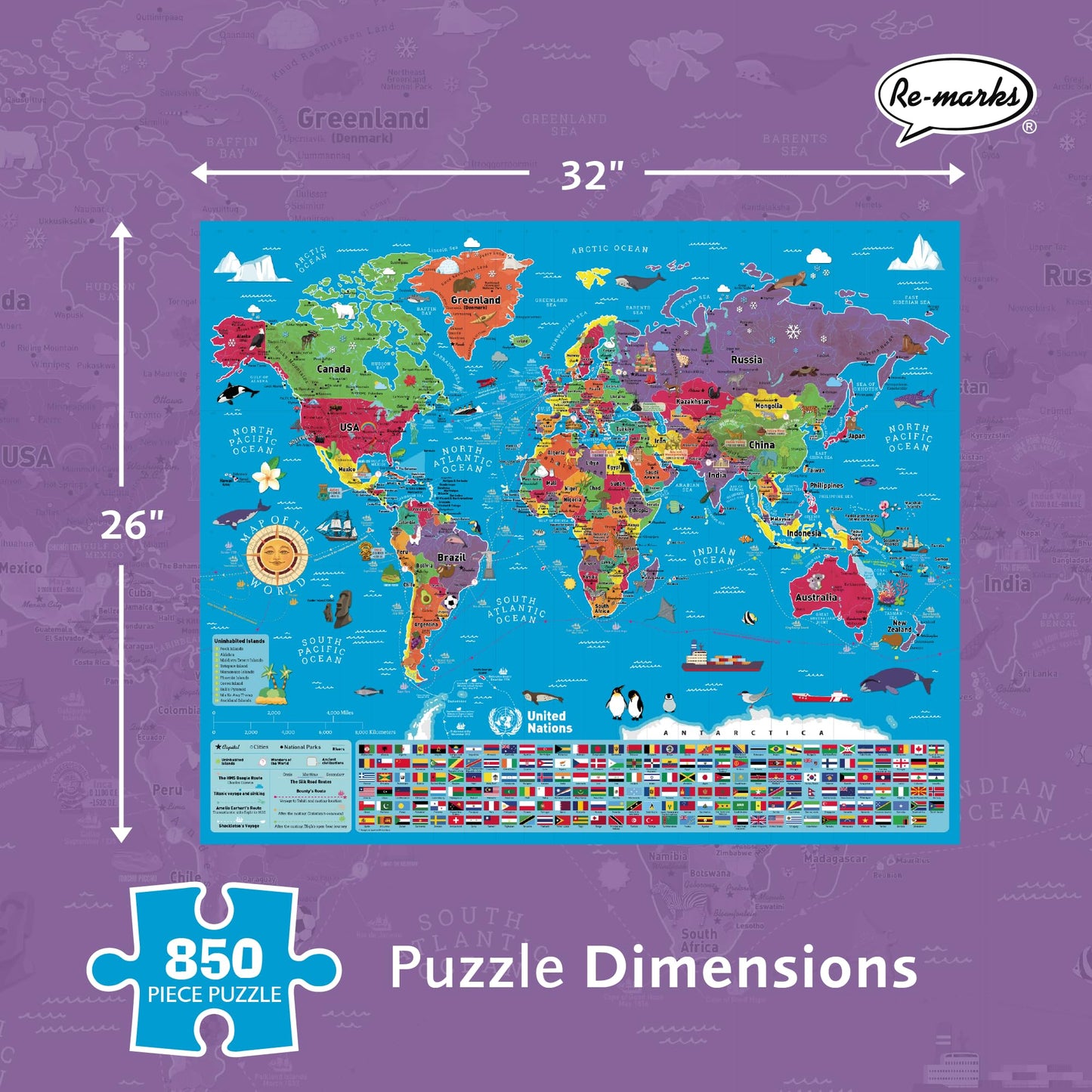 Re-Marks Map of The World Deluxe Jigsaw Puzzle with Whimsy Pieces – 850 Pieces