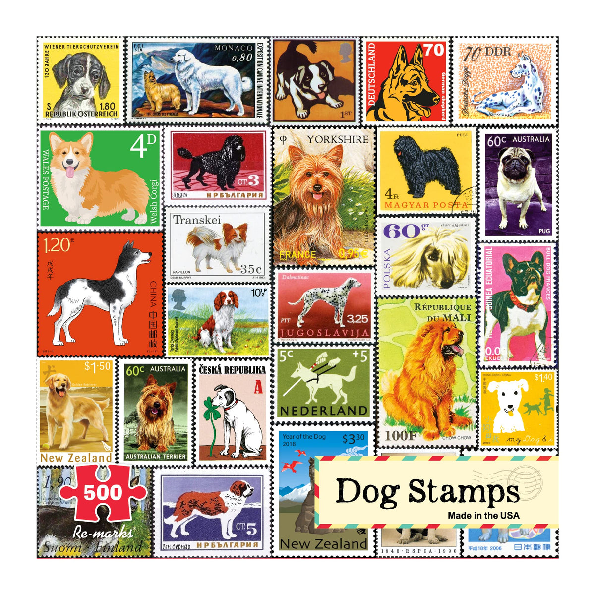 Re-marks Dog Postage-Stamp Collage Puzzle – 500-Piece Family Puzzle for All Ages
