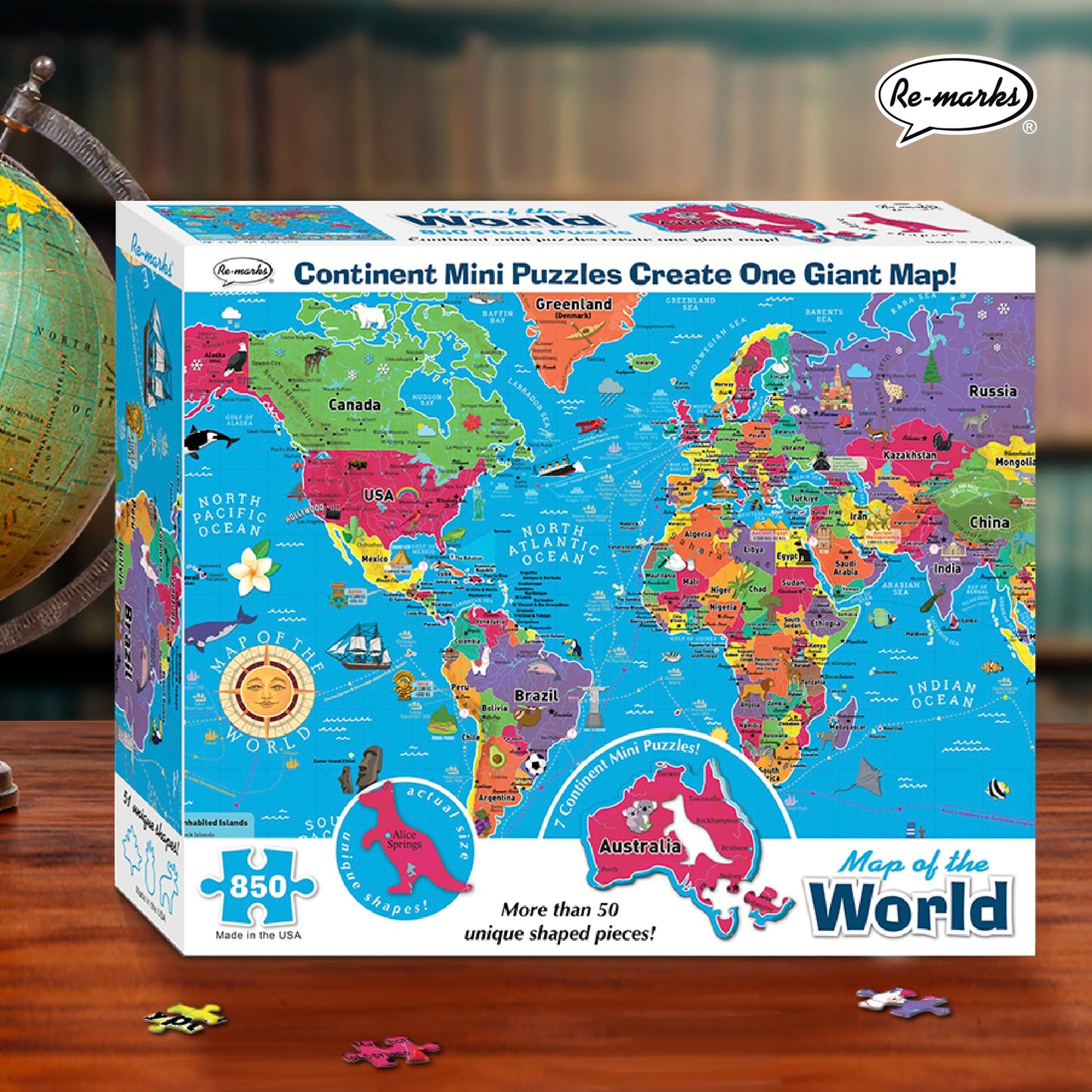 Re-Marks Map of The World Deluxe Jigsaw Puzzle with Whimsy Pieces – 850 Pieces