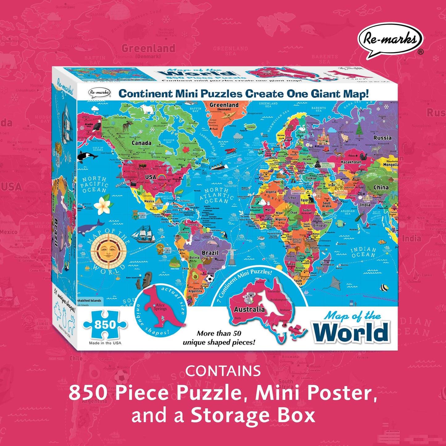 Re-Marks Map of The World Deluxe Jigsaw Puzzle with Whimsy Pieces – 850 Pieces