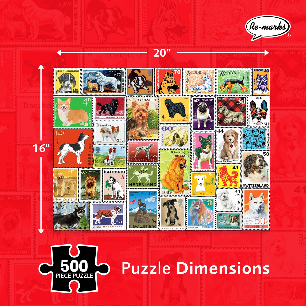 Re-marks Dog Postage-Stamp Collage Puzzle – 500-Piece Family Puzzle for All Ages