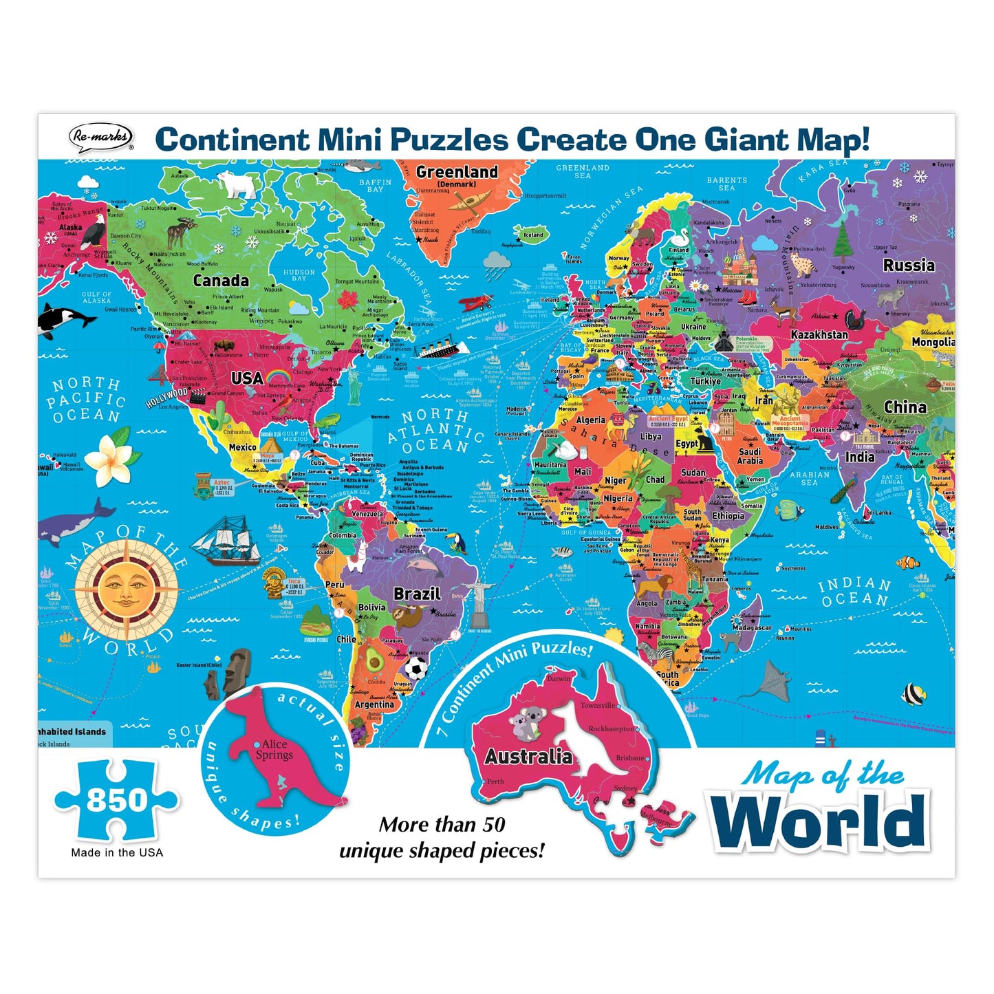 Re-Marks Map of The World Deluxe Jigsaw Puzzle with Whimsy Pieces – 850 Pieces
