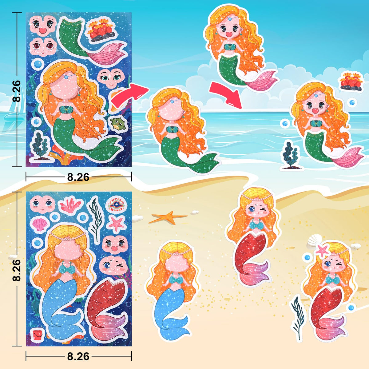 Reaeon 24 Mermaid Stickers Set – Mix & Match Creative Kids Crafts (8.27in × 5.9in)