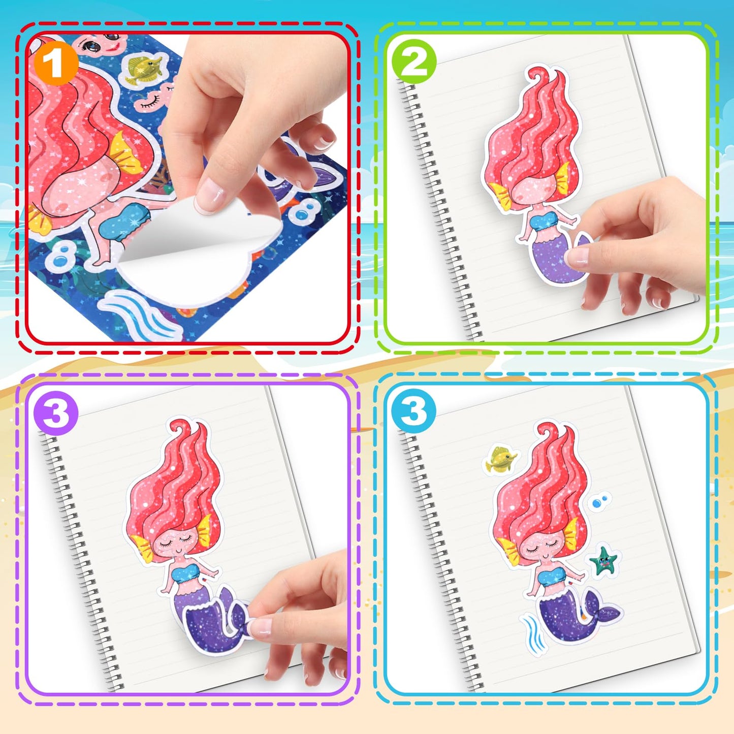 Reaeon 24 Mermaid Stickers Set – Mix & Match Creative Kids Crafts (8.27in × 5.9in)