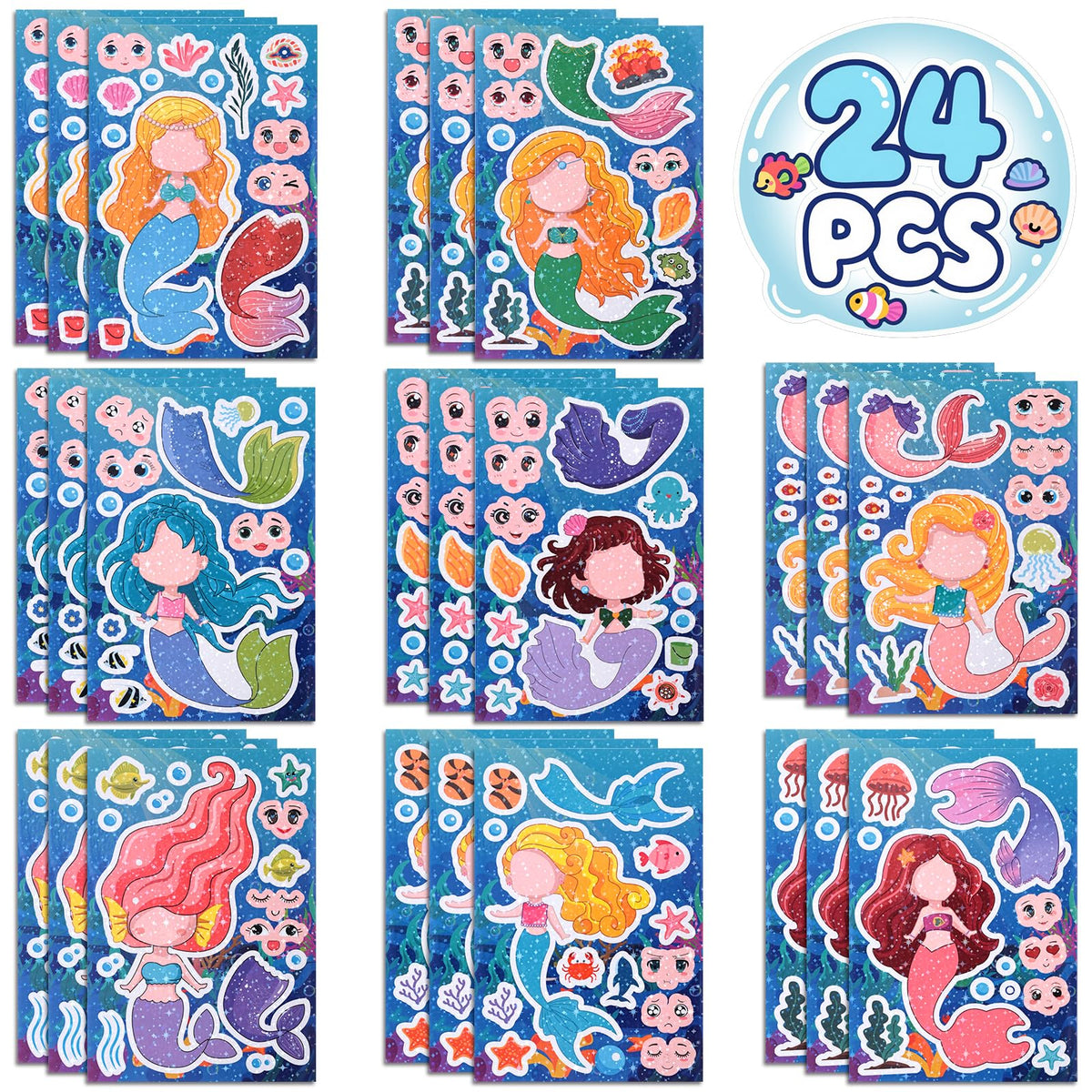 Reaeon 24 Mermaid Stickers Set – Mix & Match Creative Kids Crafts (8.27in × 5.9in)