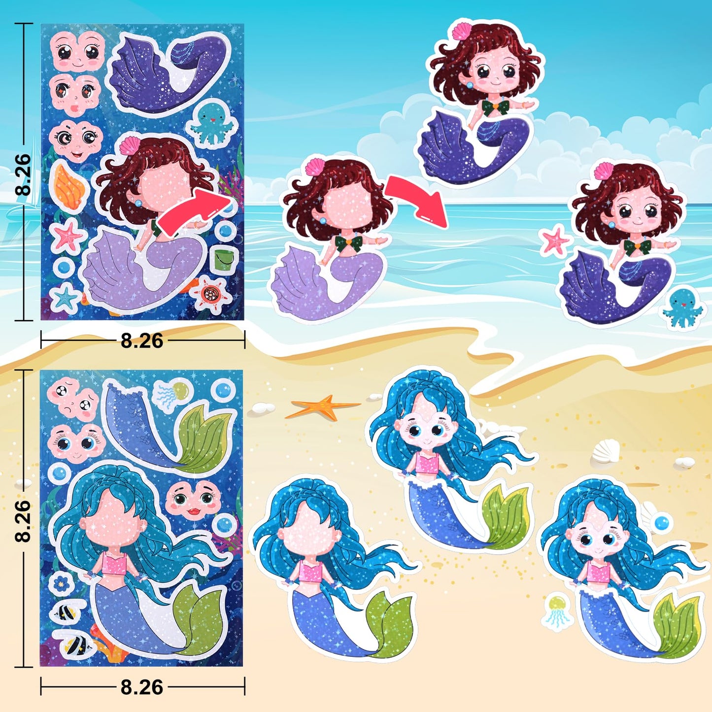 Reaeon 24 Mermaid Stickers Set – Mix & Match Creative Kids Crafts (8.27in × 5.9in)