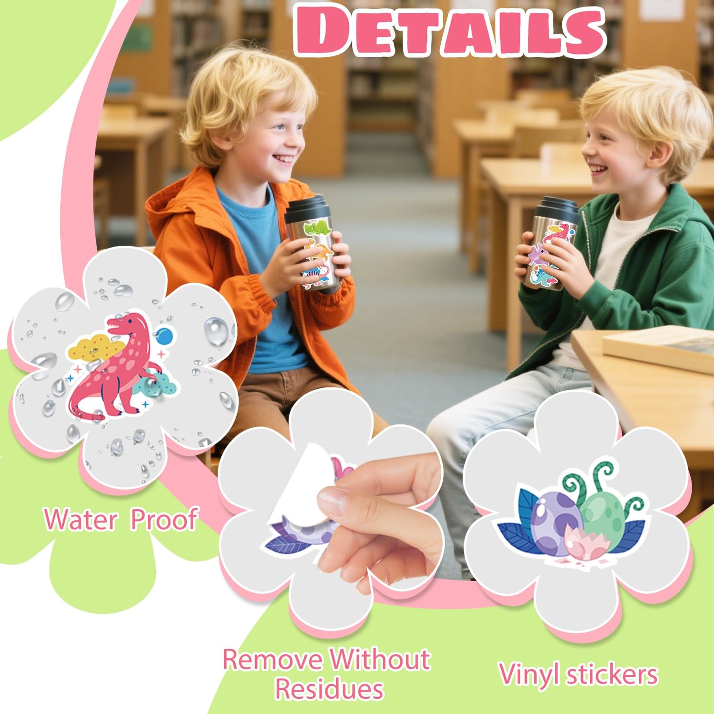 Reaeon 100 PC Cute Dinosaur Stickers for Kids – Waterproof Vinyl for Water Bottles and Laptops