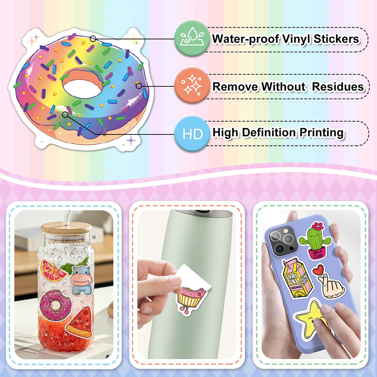 Reaeon 100 PCS Cute Water Bottle Stickers – Waterproof Vinyl for Laptops, Notebooks, Phones