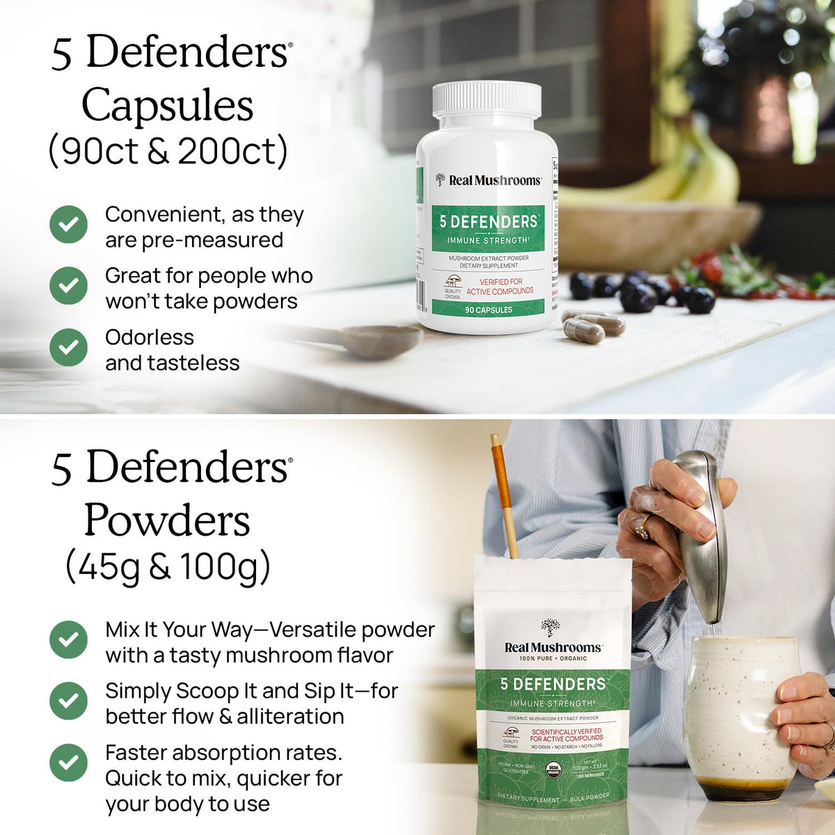 Real Mushrooms 5 Defenders – Adaptogenic Mushroom Complex (90 Count)