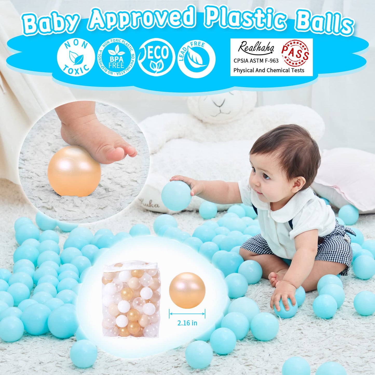 Realhaha Ball Pit Balls – 100 Safe Plastic Play Balls (Gold Milktea White)