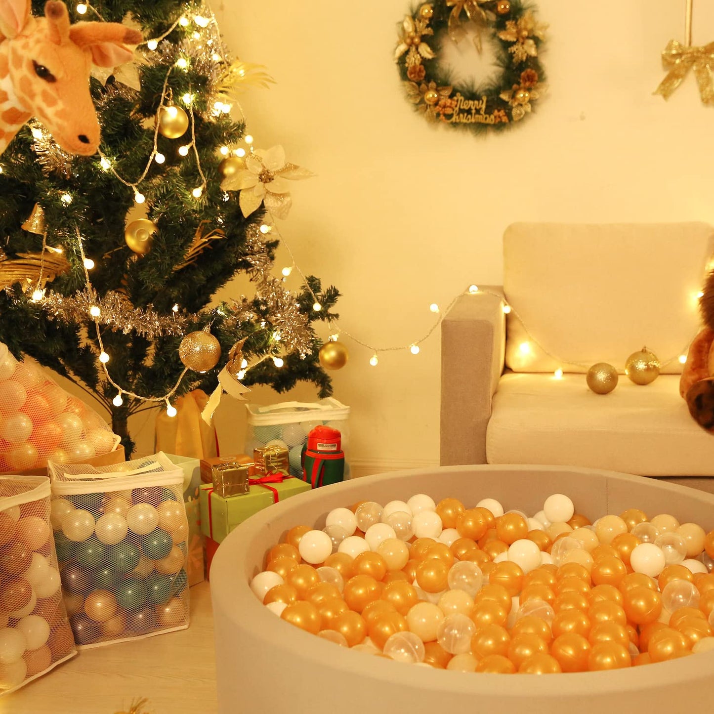 Realhaha Ball Pit Balls – 100 Safe Plastic Play Balls (Gold Milktea White)