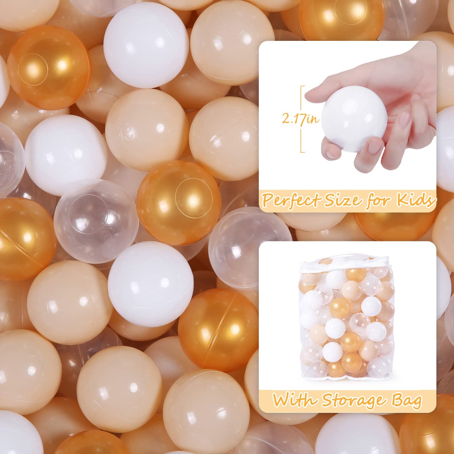 Realhaha Ball Pit Balls – 100 Safe Plastic Play Balls (Gold Milktea White)