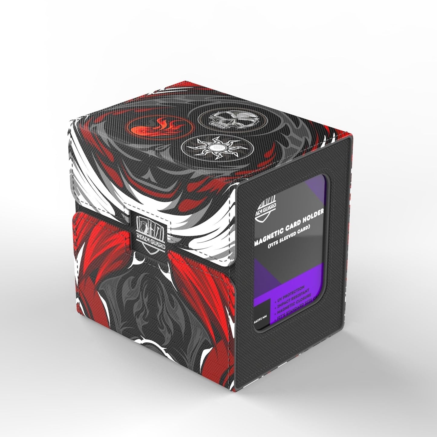 Realm Guard Commander Deck Box with Storage — 100+ Card Capacity (Black/Red/White)
