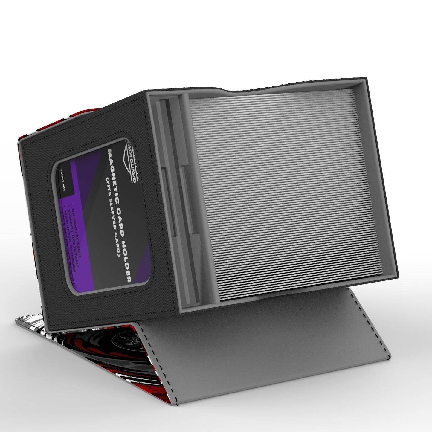 Realm Guard Commander Deck Box with Storage — 100+ Card Capacity (Black/Red/White)