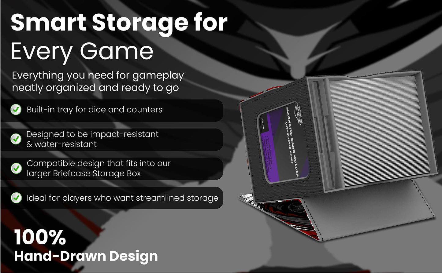 Realm Guard Commander Deck Box with Storage — 100+ Card Capacity (Black/Red/White)