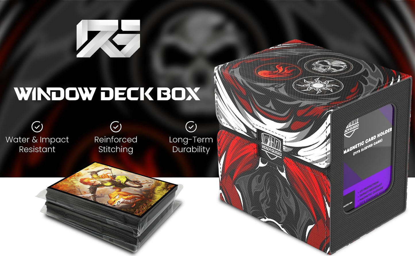 Realm Guard Commander Deck Box with Storage — 100+ Card Capacity (Black/Red/White)