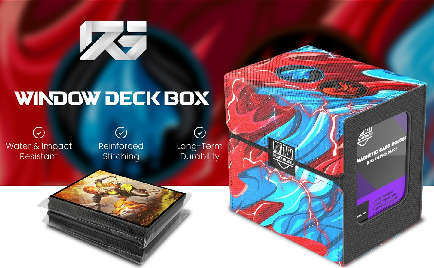 Realm Guard Commander Deck Box with Storage – 120 Sleeved Capacity, Blue/Red