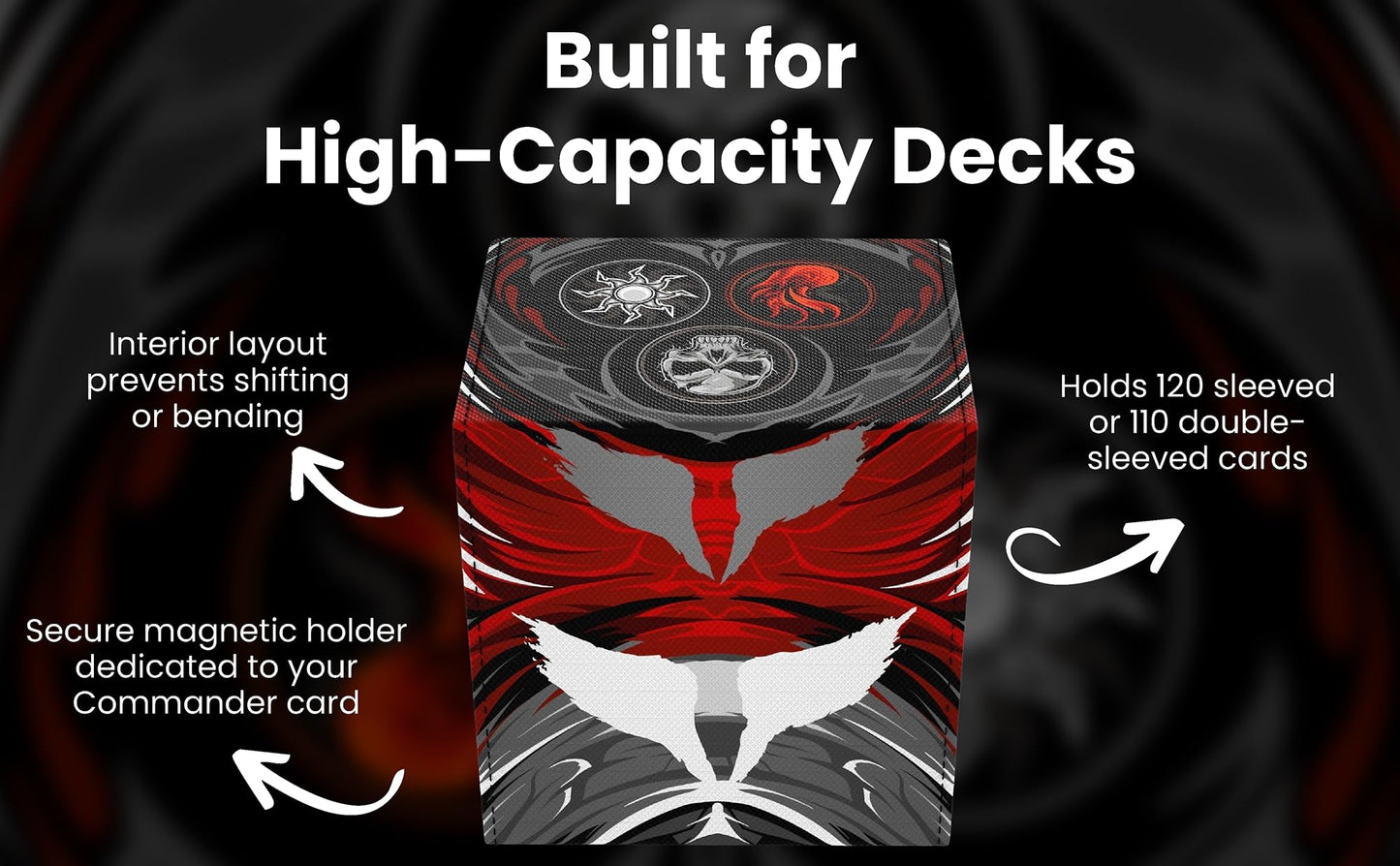 Realm Guard Commander Deck Box with Storage — 100+ Card Capacity (Black/Red/White)