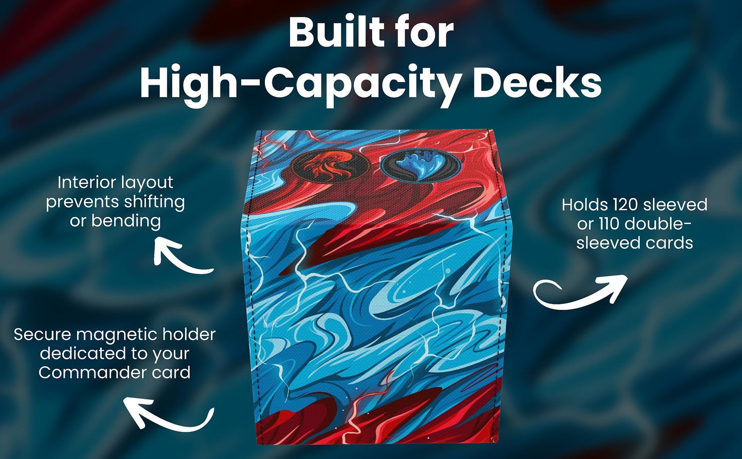 Realm Guard Commander Deck Box with Storage – 120 Sleeved Capacity, Blue/Red