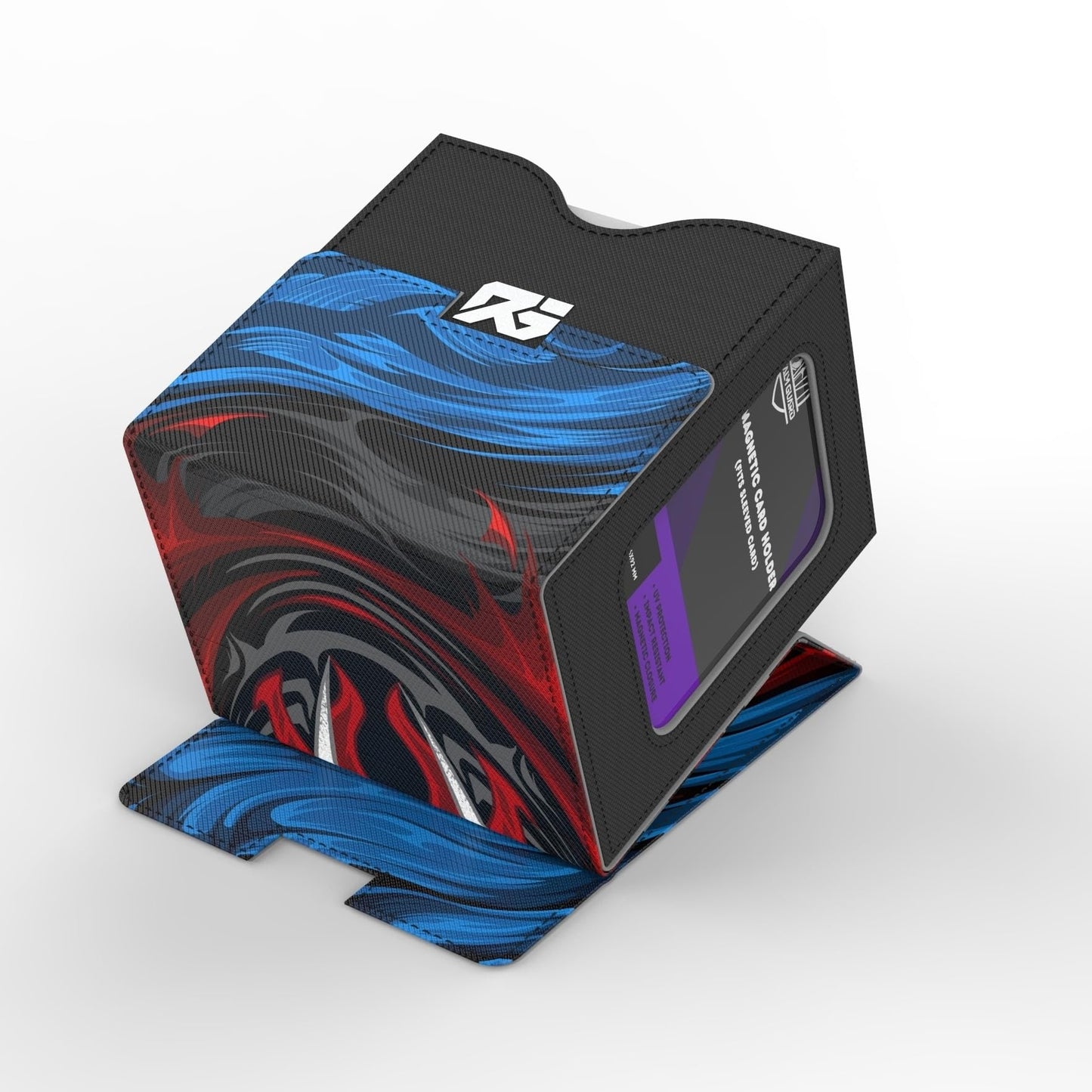 Realm Guard Commander Deck Box – 100+ Card Art Storage (Blue/Black/Red)