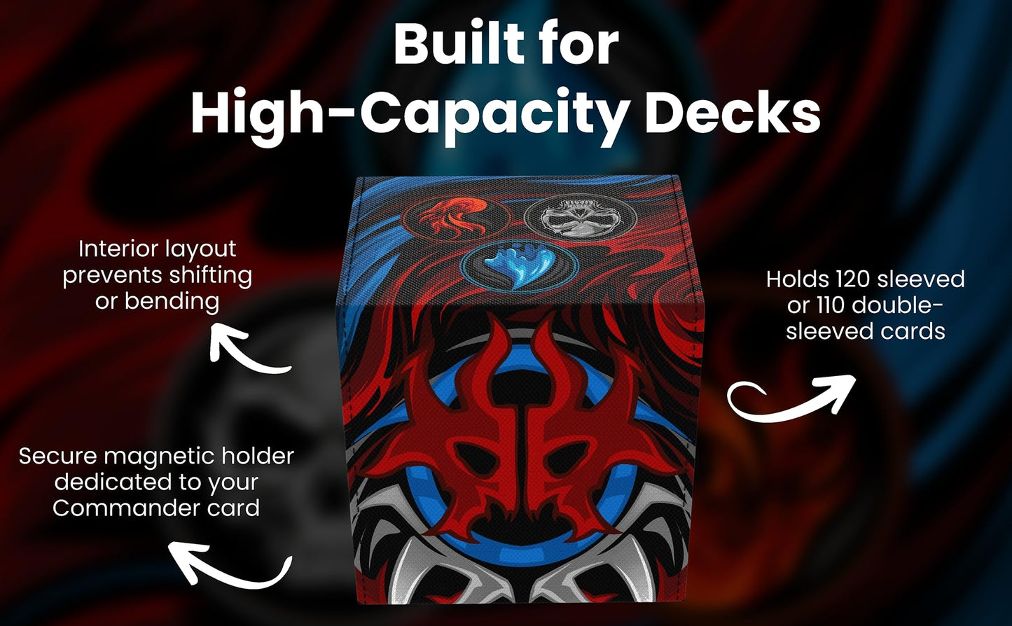 Realm Guard Commander Deck Box – 100+ Card Art Storage (Blue/Black/Red)