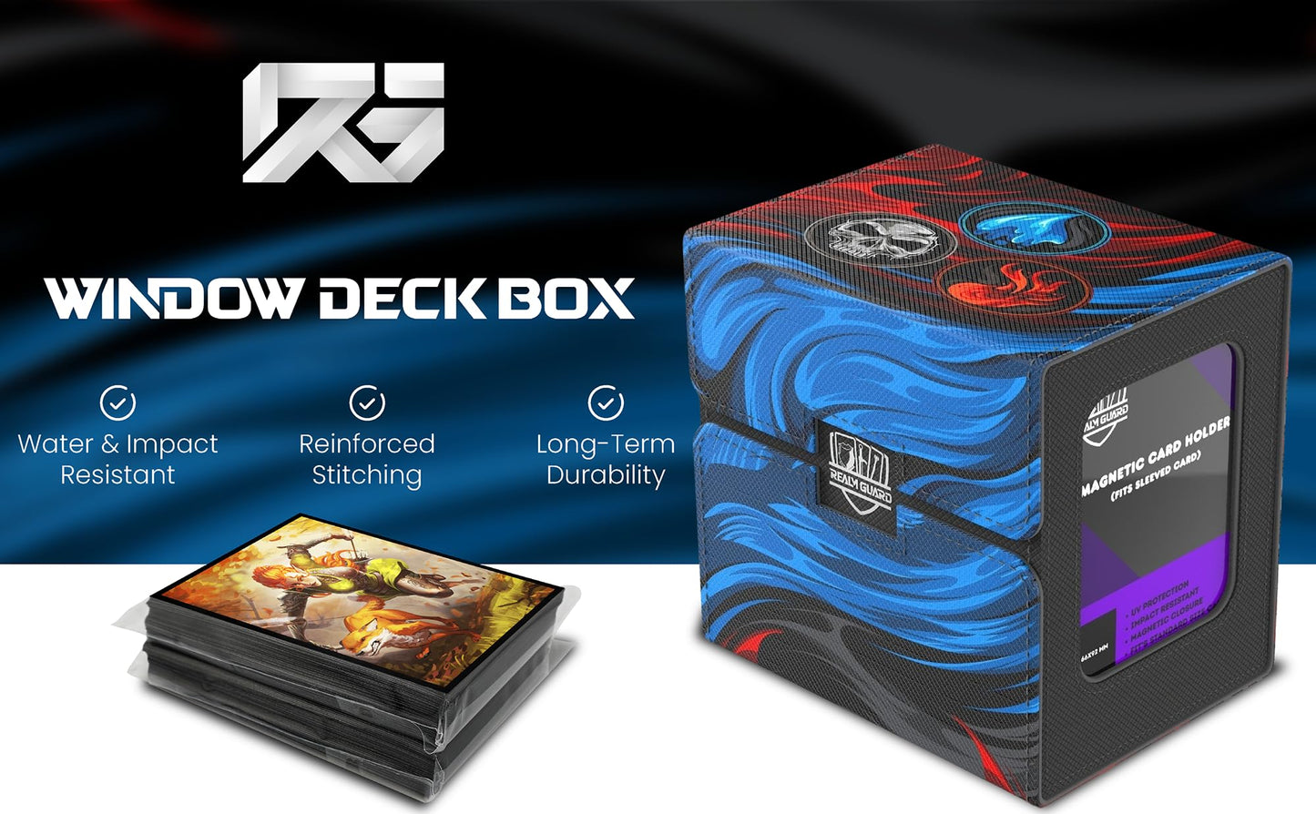 Realm Guard Commander Deck Box – 100+ Card Art Storage (Blue/Black/Red)