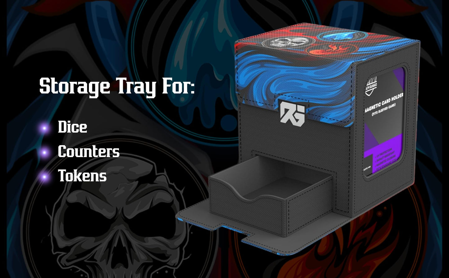 Realm Guard Commander Deck Box – 100+ Card Art Storage (Blue/Black/Red)