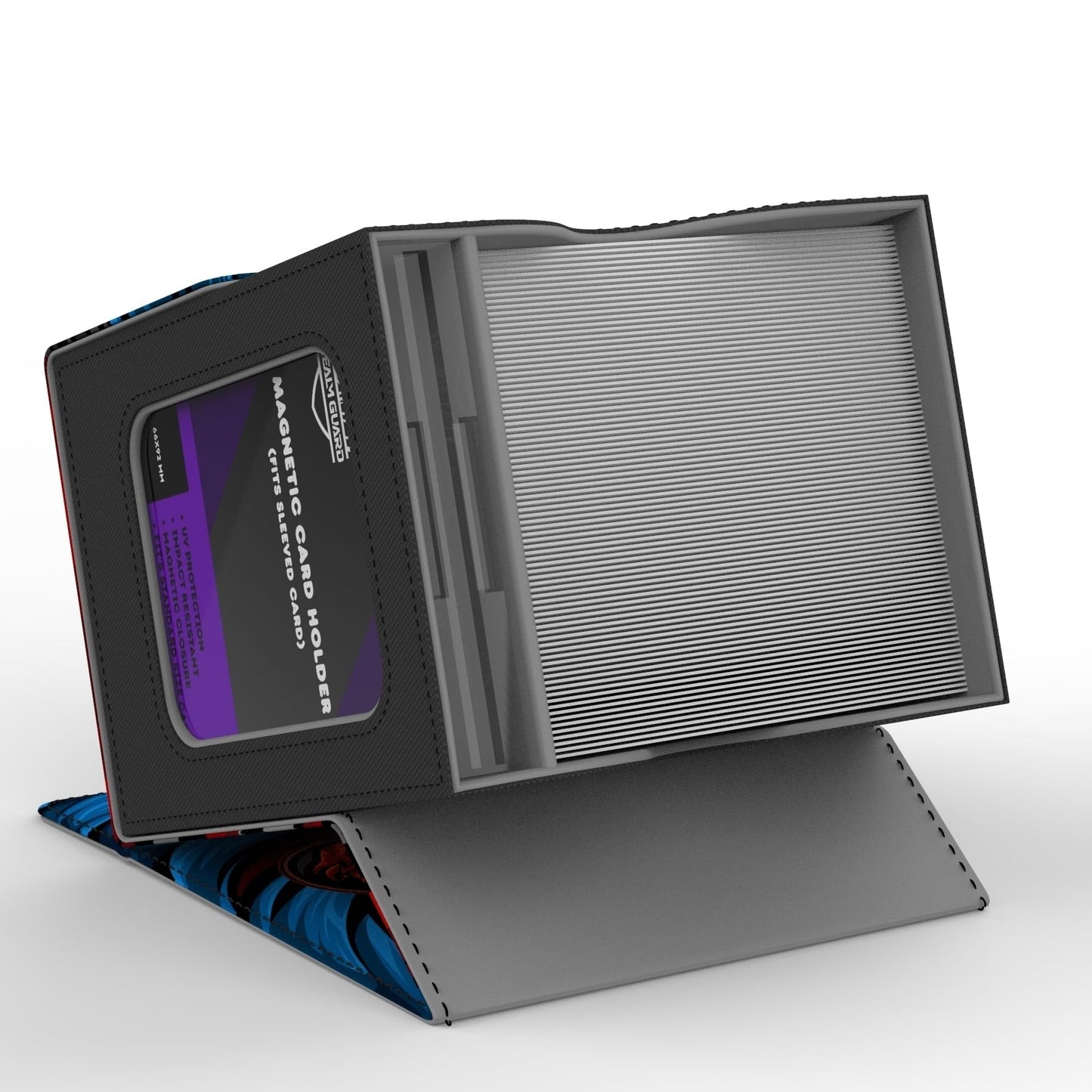 Realm Guard Commander Deck Box – 100+ Card Art Storage (Blue/Black/Red)