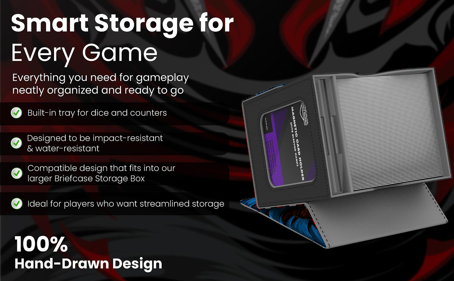 Realm Guard Commander Deck Box – 100+ Card Art Storage (Blue/Black/Red)