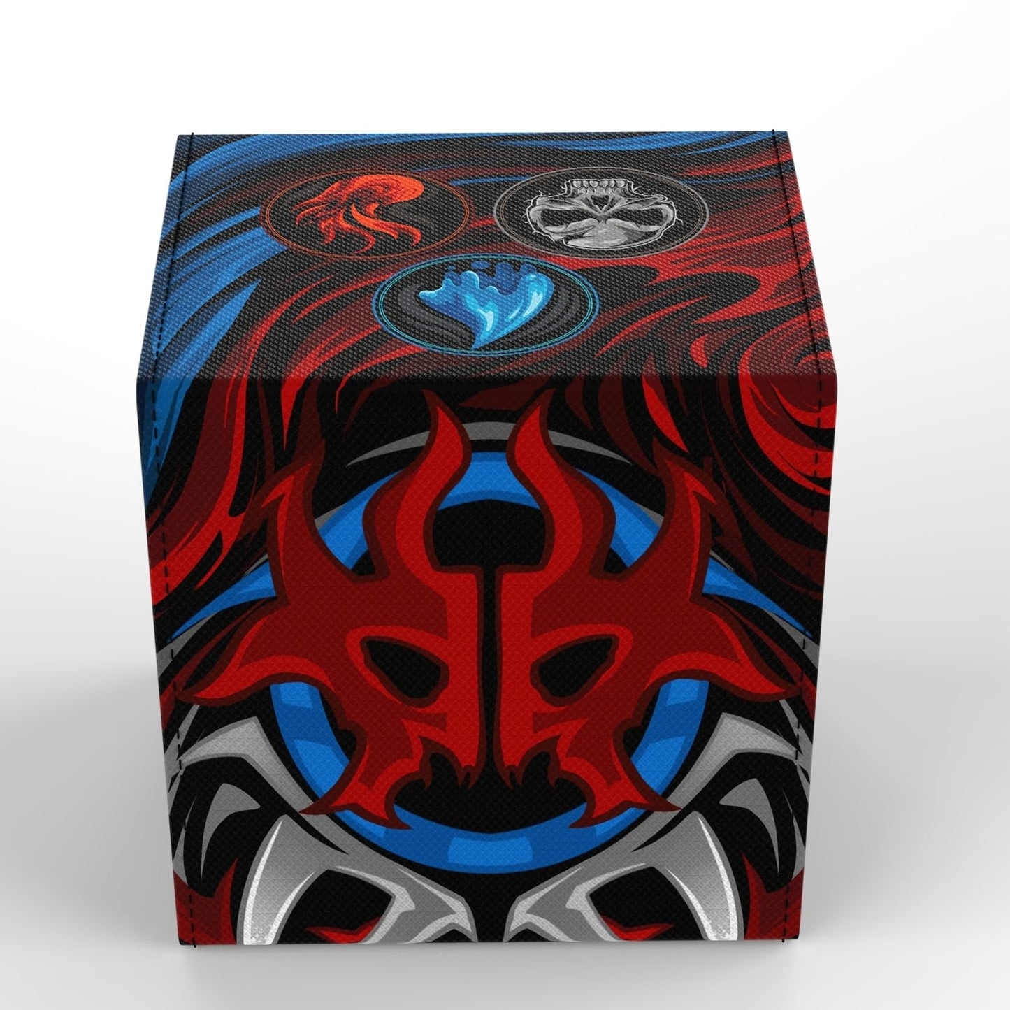 Realm Guard Commander Deck Box – 100+ Card Art Storage (Blue/Black/Red)