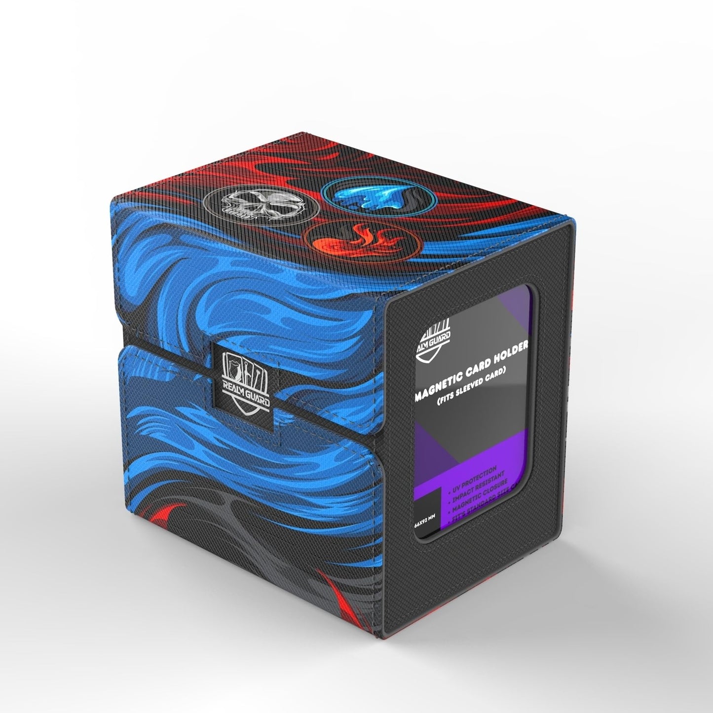 Realm Guard Commander Deck Box – 100+ Card Art Storage (Blue/Black/Red)