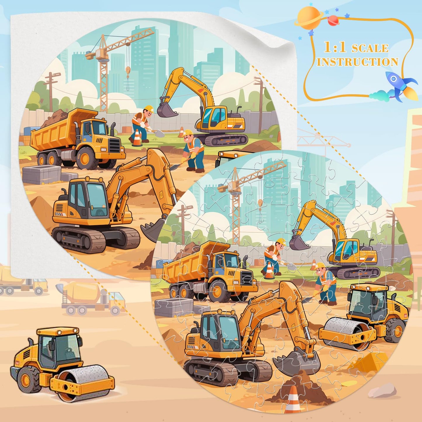 REALRINDO Floor Puzzles for Kids 4-6 | 70-Piece Construction Site Puzzle with Excavator, Dump Truck, Bulldozer