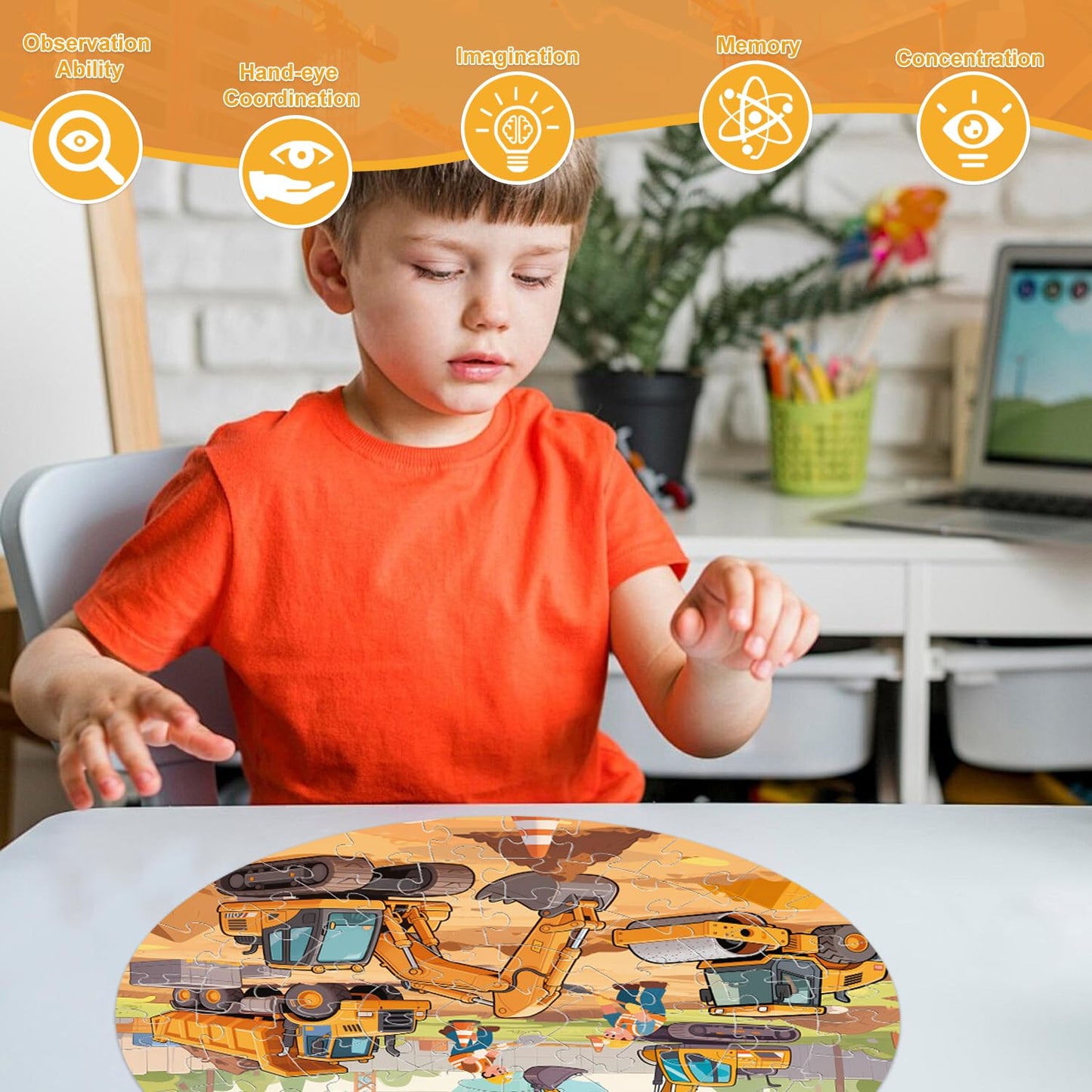 REALRINDO Floor Puzzles for Kids 4-6 | 70-Piece Construction Site Puzzle with Excavator, Dump Truck, Bulldozer