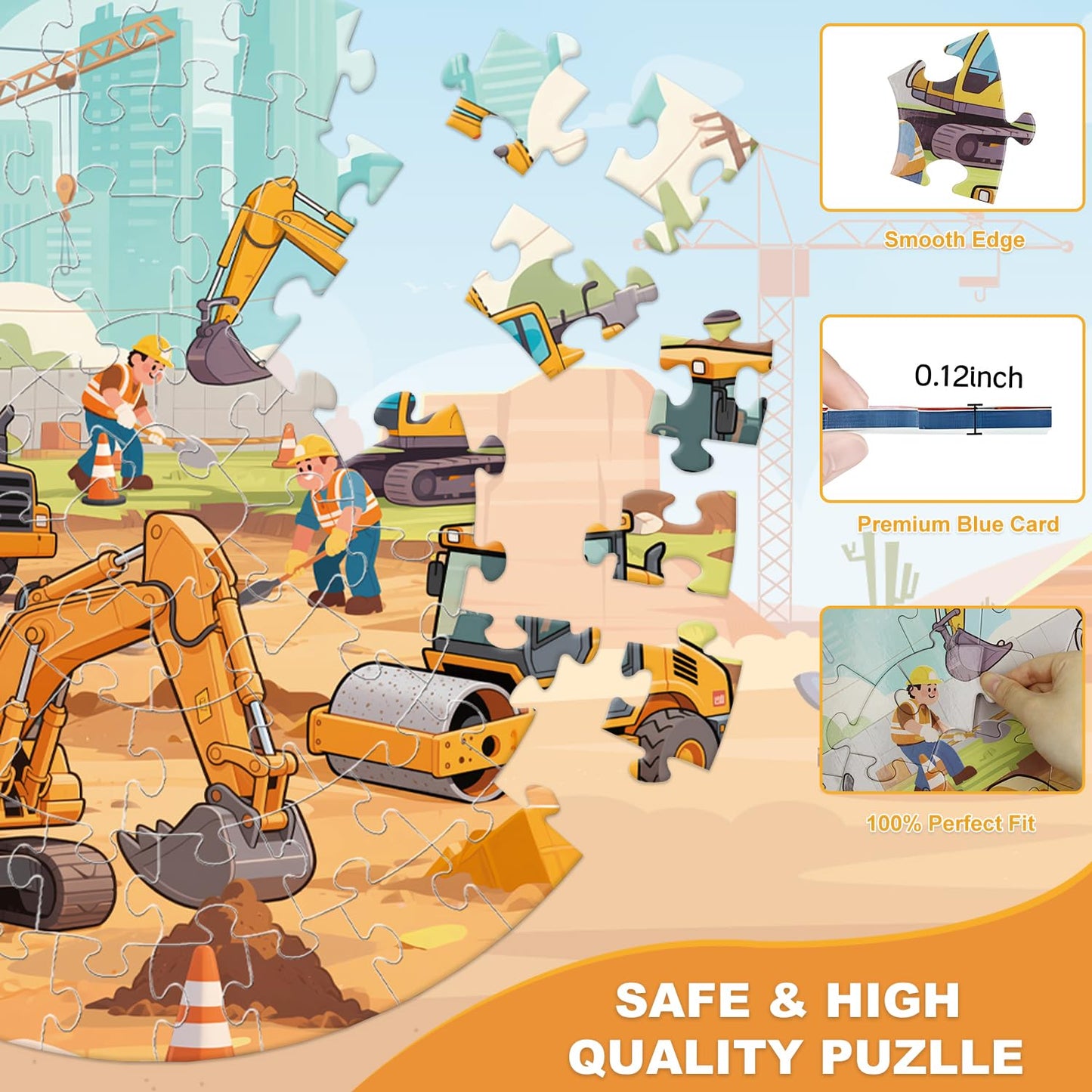 REALRINDO Floor Puzzles for Kids 4-6 | 70-Piece Construction Site Puzzle with Excavator, Dump Truck, Bulldozer