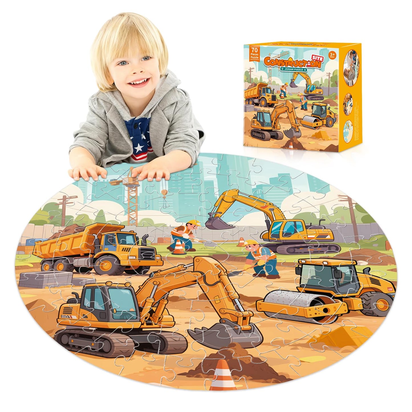 REALRINDO Floor Puzzles for Kids 4-6 | 70-Piece Construction Site Puzzle with Excavator, Dump Truck, Bulldozer