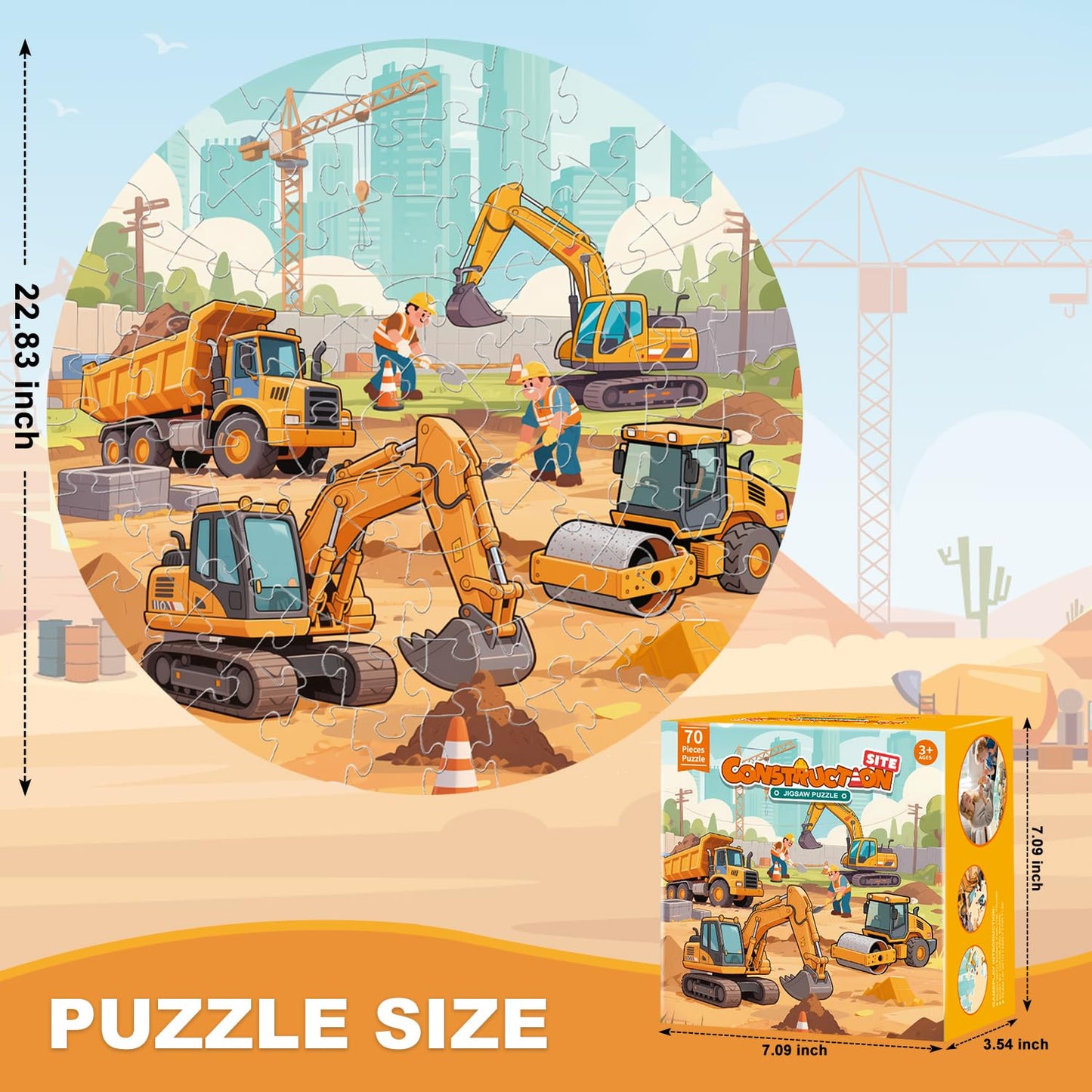 REALRINDO Floor Puzzles for Kids 4-6 | 70-Piece Construction Site Puzzle with Excavator, Dump Truck, Bulldozer