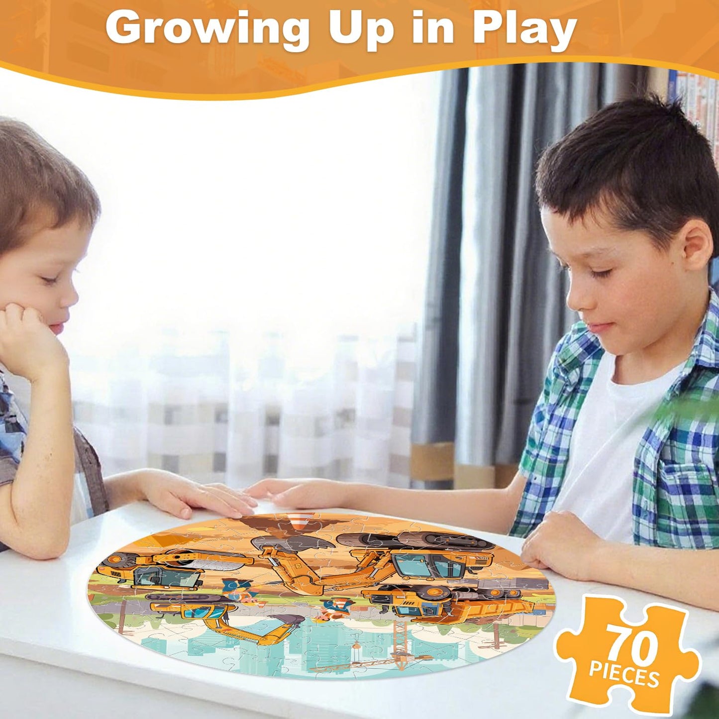 REALRINDO Floor Puzzles for Kids 4-6 | 70-Piece Construction Site Puzzle with Excavator, Dump Truck, Bulldozer