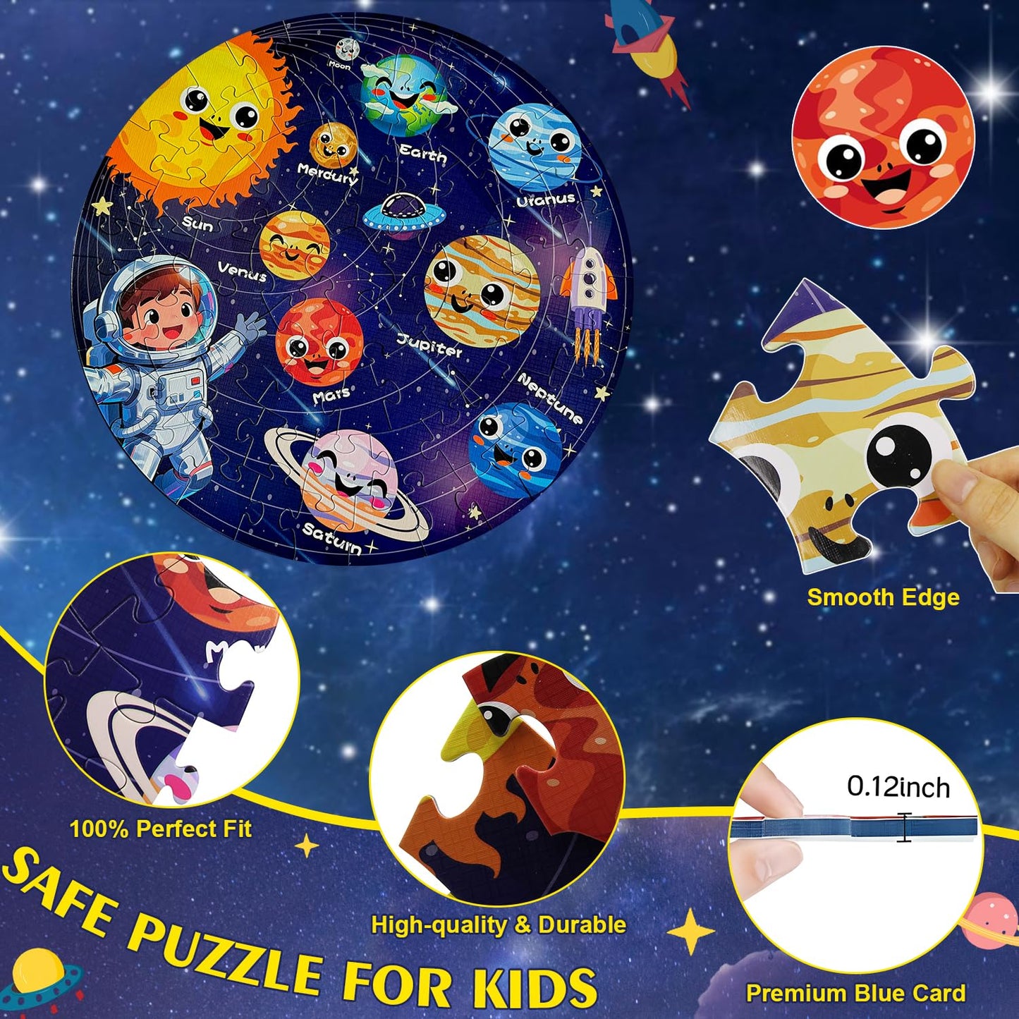 REALRINDO Floor Puzzles – 70-Piece Glow-in-the-Dark Solar System Jigsaw for Kids (Ages 4–8)