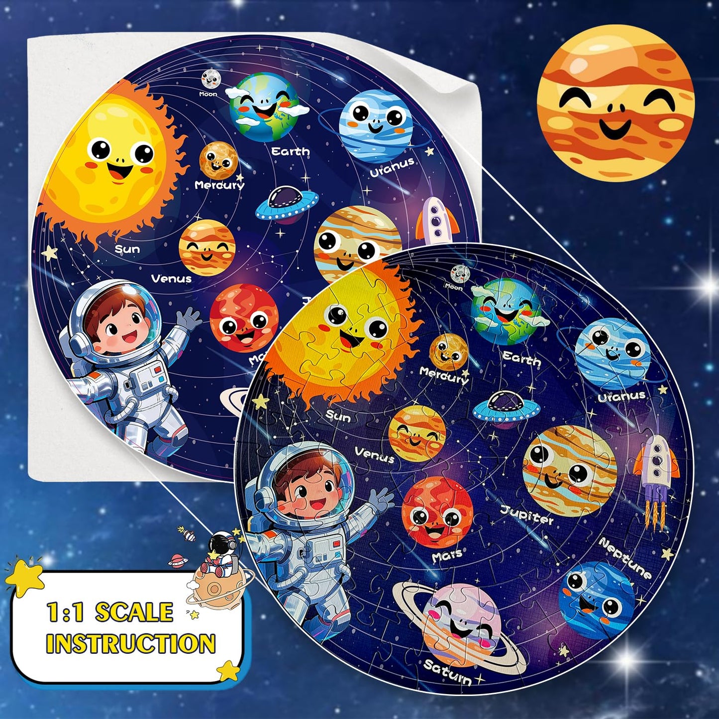 REALRINDO Floor Puzzles – 70-Piece Glow-in-the-Dark Solar System Jigsaw for Kids (Ages 4–8)