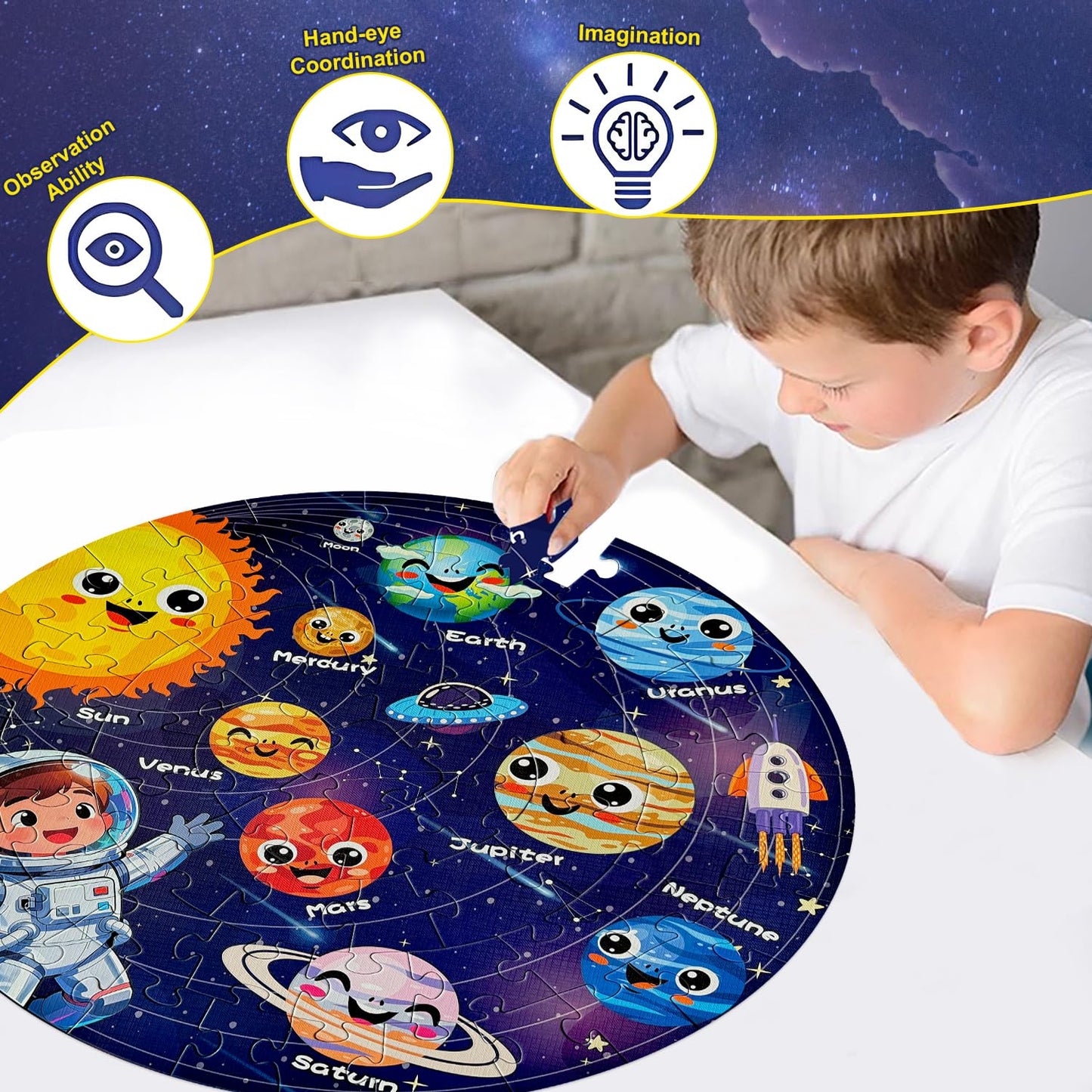REALRINDO Floor Puzzles – 70-Piece Glow-in-the-Dark Solar System Jigsaw for Kids (Ages 4–8)
