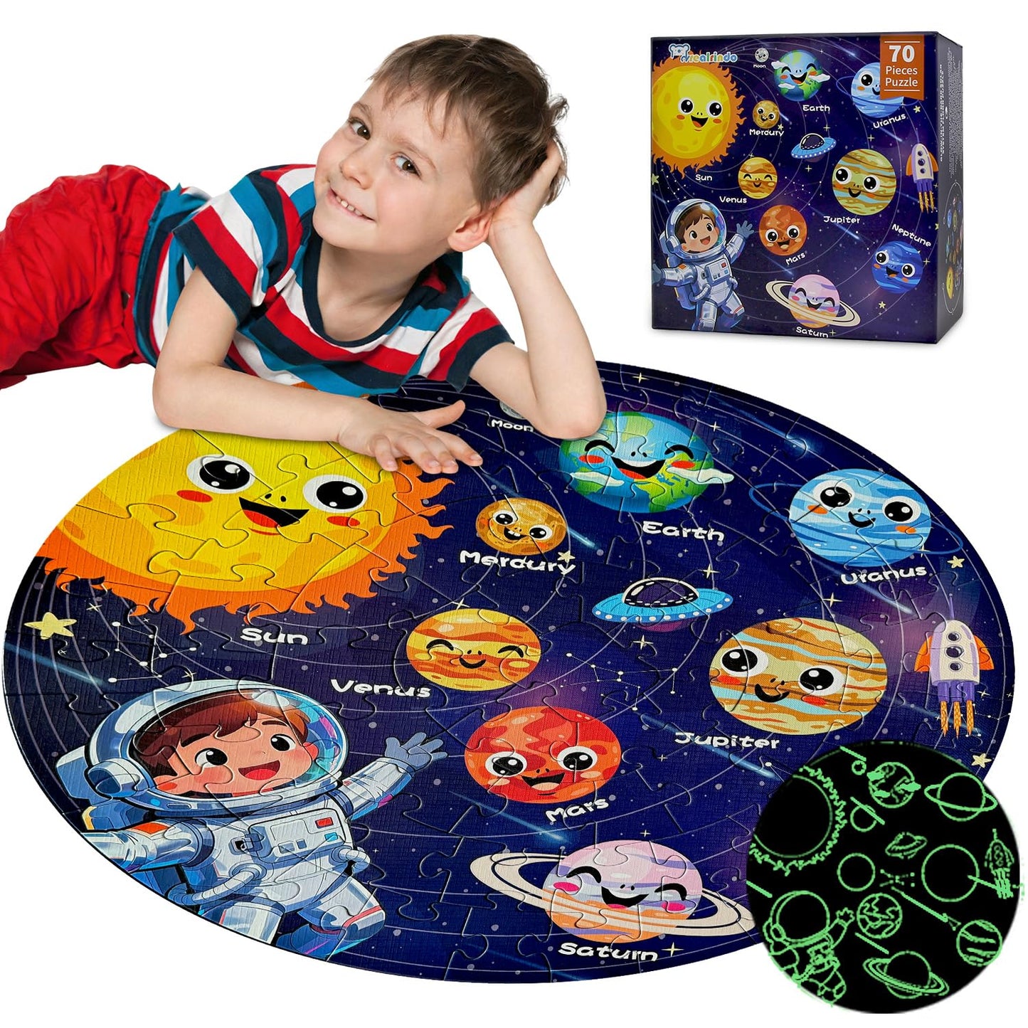 REALRINDO Floor Puzzles – 70-Piece Glow-in-the-Dark Solar System Jigsaw for Kids (Ages 4–8)