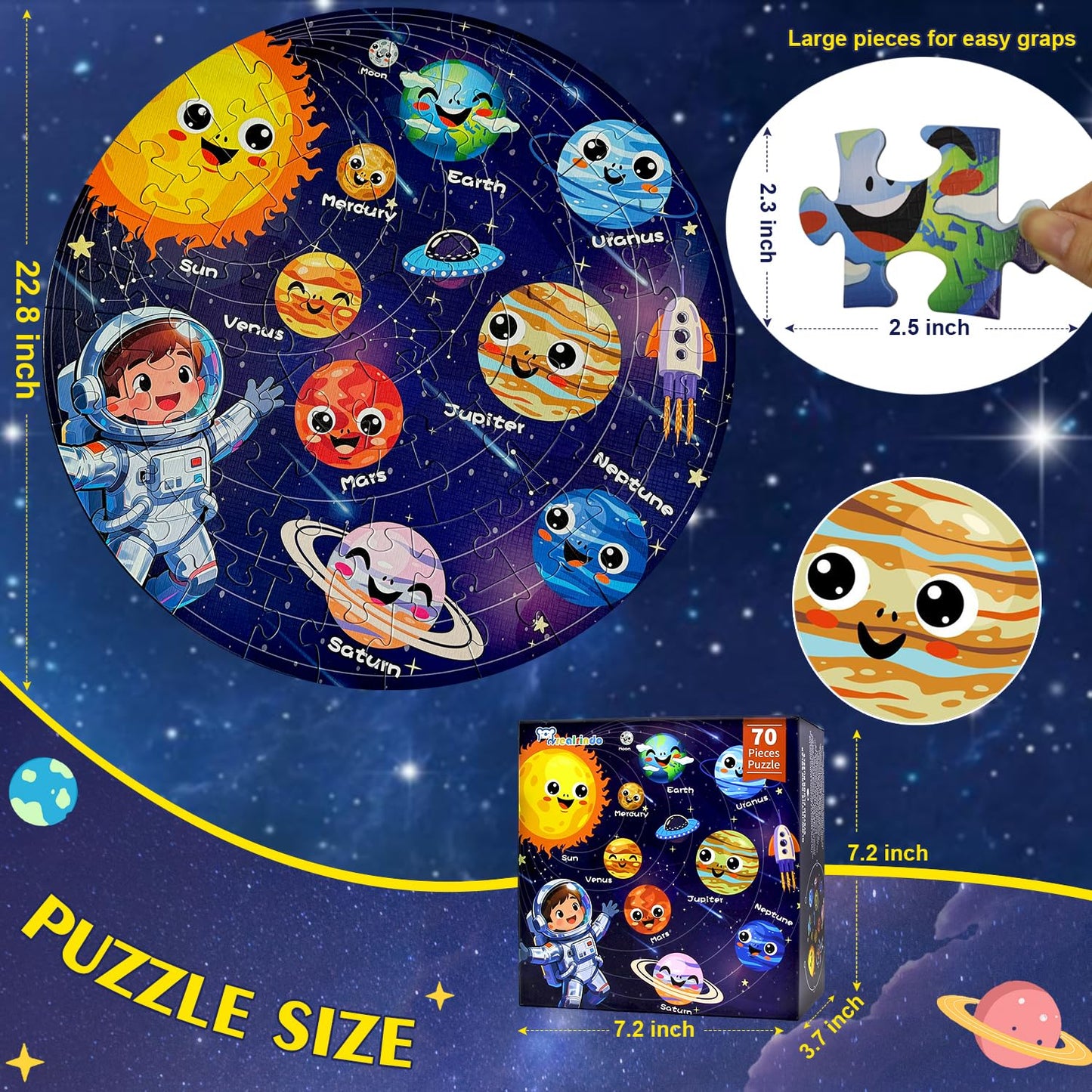 REALRINDO Floor Puzzles – 70-Piece Glow-in-the-Dark Solar System Jigsaw for Kids (Ages 4–8)