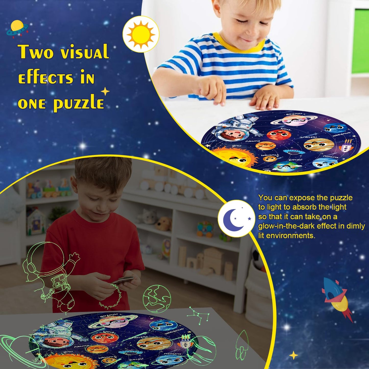 REALRINDO Floor Puzzles – 70-Piece Glow-in-the-Dark Solar System Jigsaw for Kids (Ages 4–8)