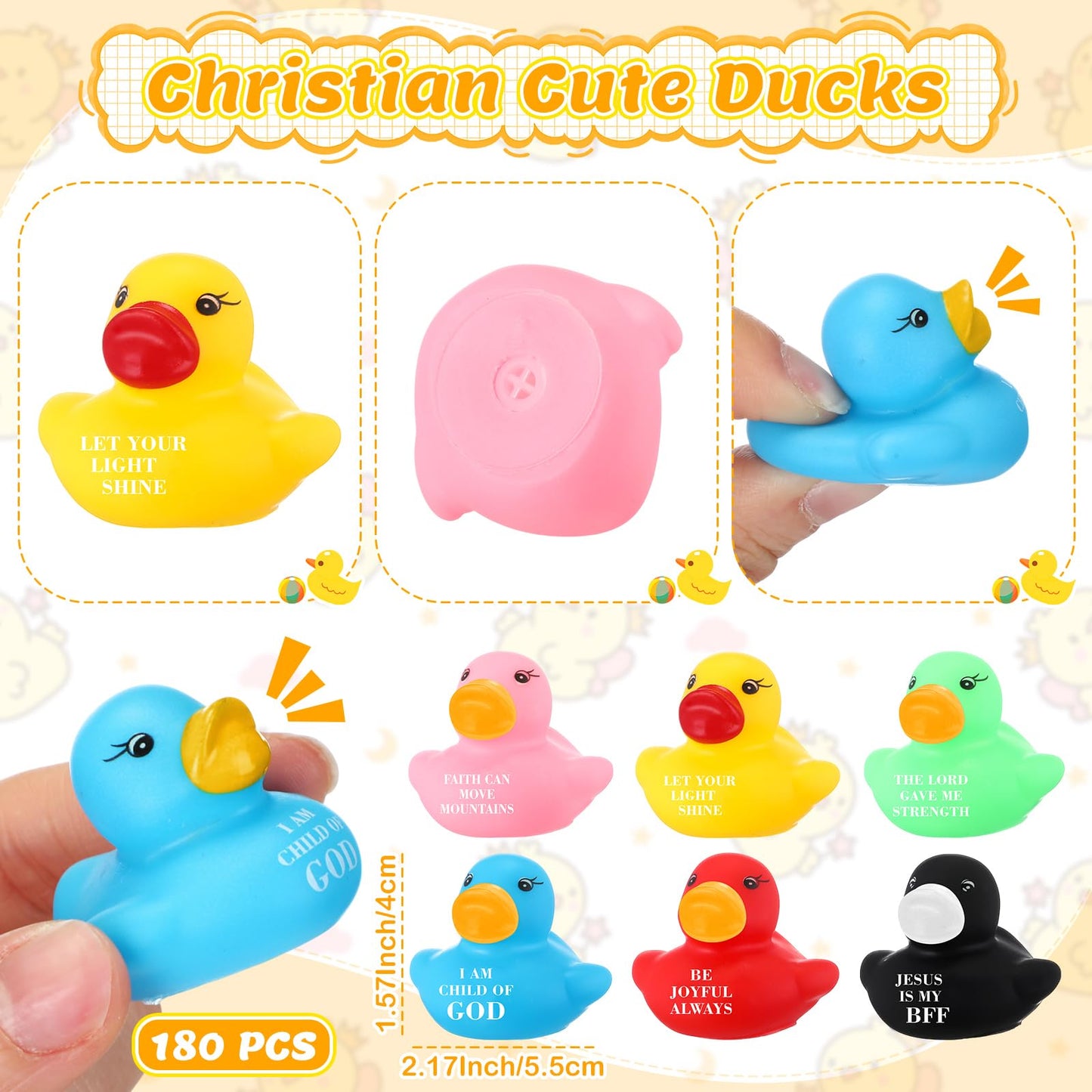 Realspring 180 Pcs Jesus Loves You Rubber Ducks – Easter Christian Rubber Duck Set for Church, Party, Classroom (Colorful)