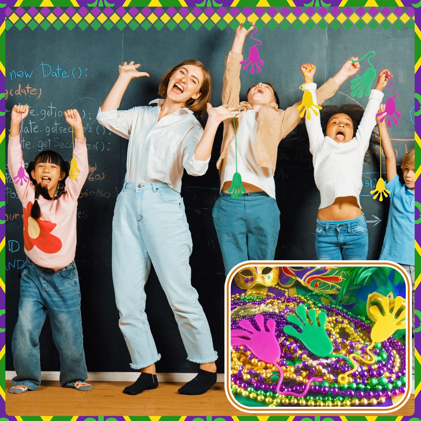 Realspring Mardi Gras Sticky Hands – 300 Pcs Carnival Party Favors (Purple, Gold, Green)