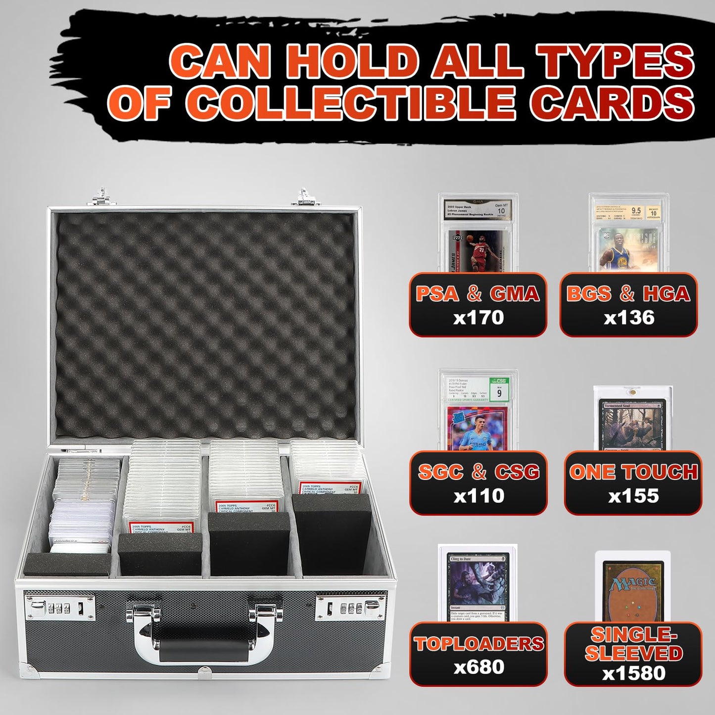 REAQUE Graded Card Storage Box – 4-Row, Holds 170+ PSA/GMA Slabs or 680+ Toploaders (Silver)