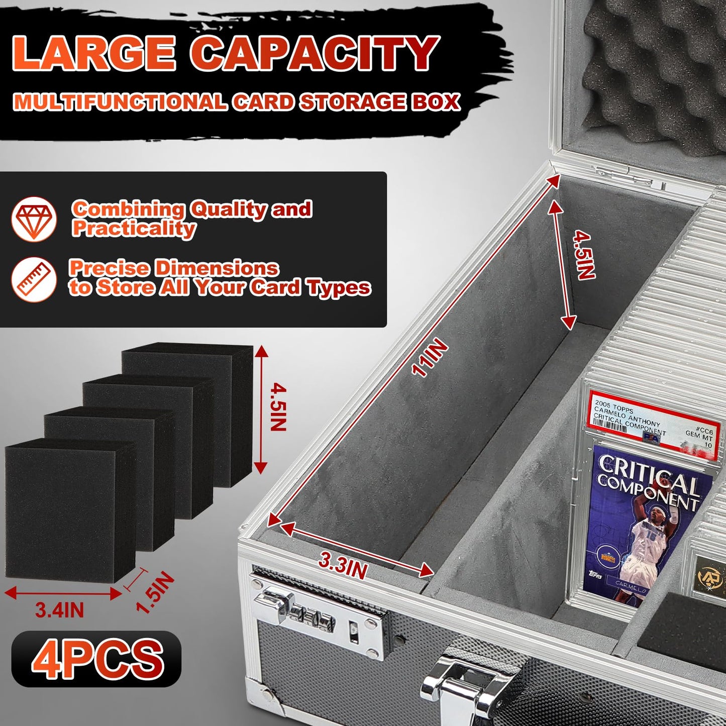 REAQUE Graded Card Storage Box – 4-Row, Holds 170+ PSA/GMA Slabs or 680+ Toploaders (Silver)