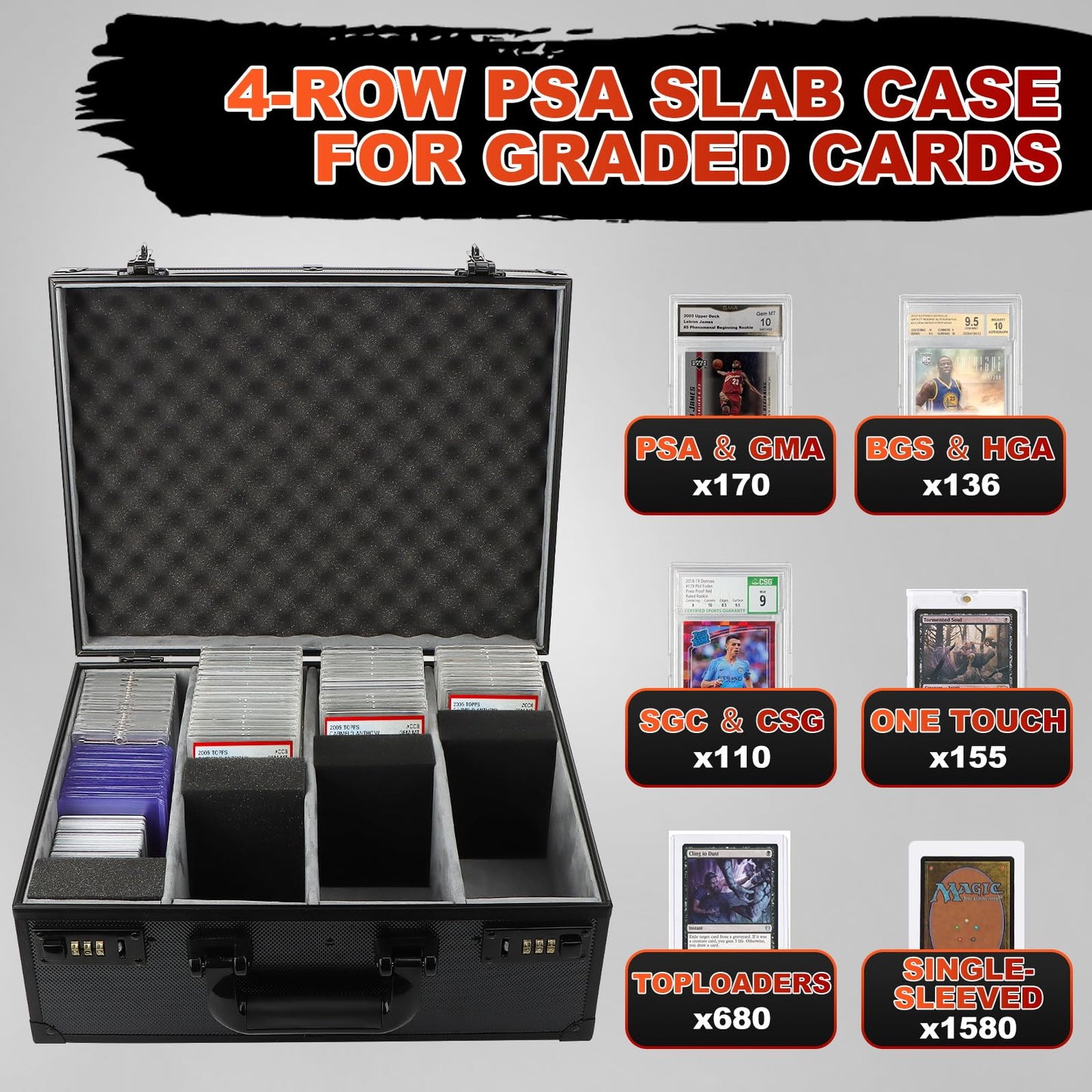 REAQUE Graded Card Storage Box | Holds 170+ PSA/GMA Slabs, 680+ Toploaders, 4-Row, Pure Black