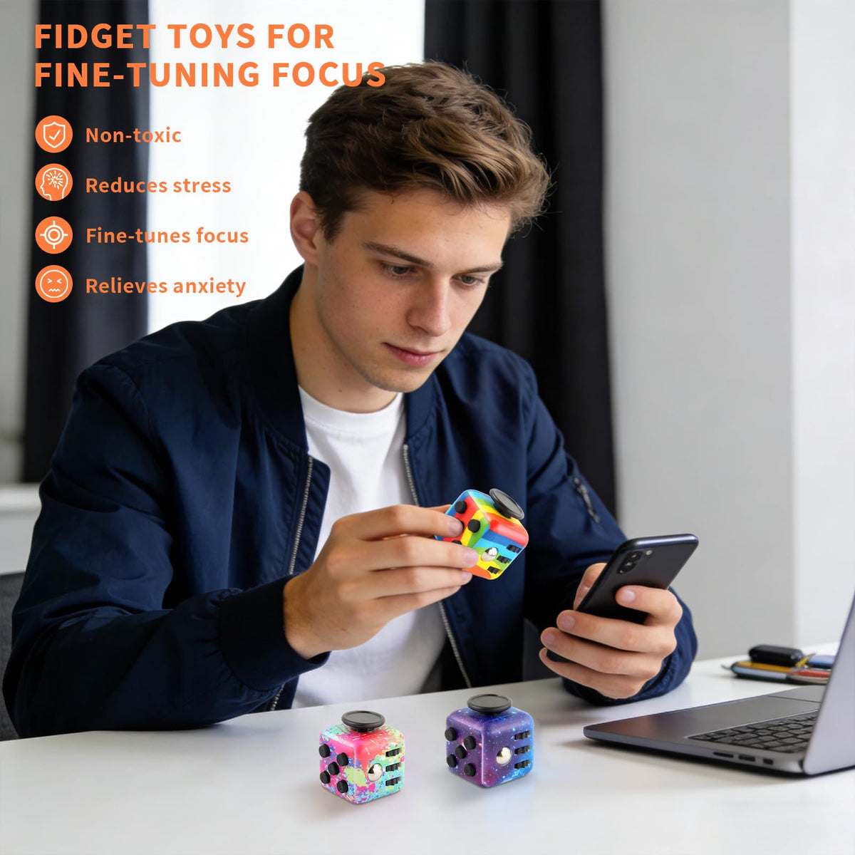 RE:BLEU Fidget Cube for Adults - 4-Pack Focus & Anxiety Relief