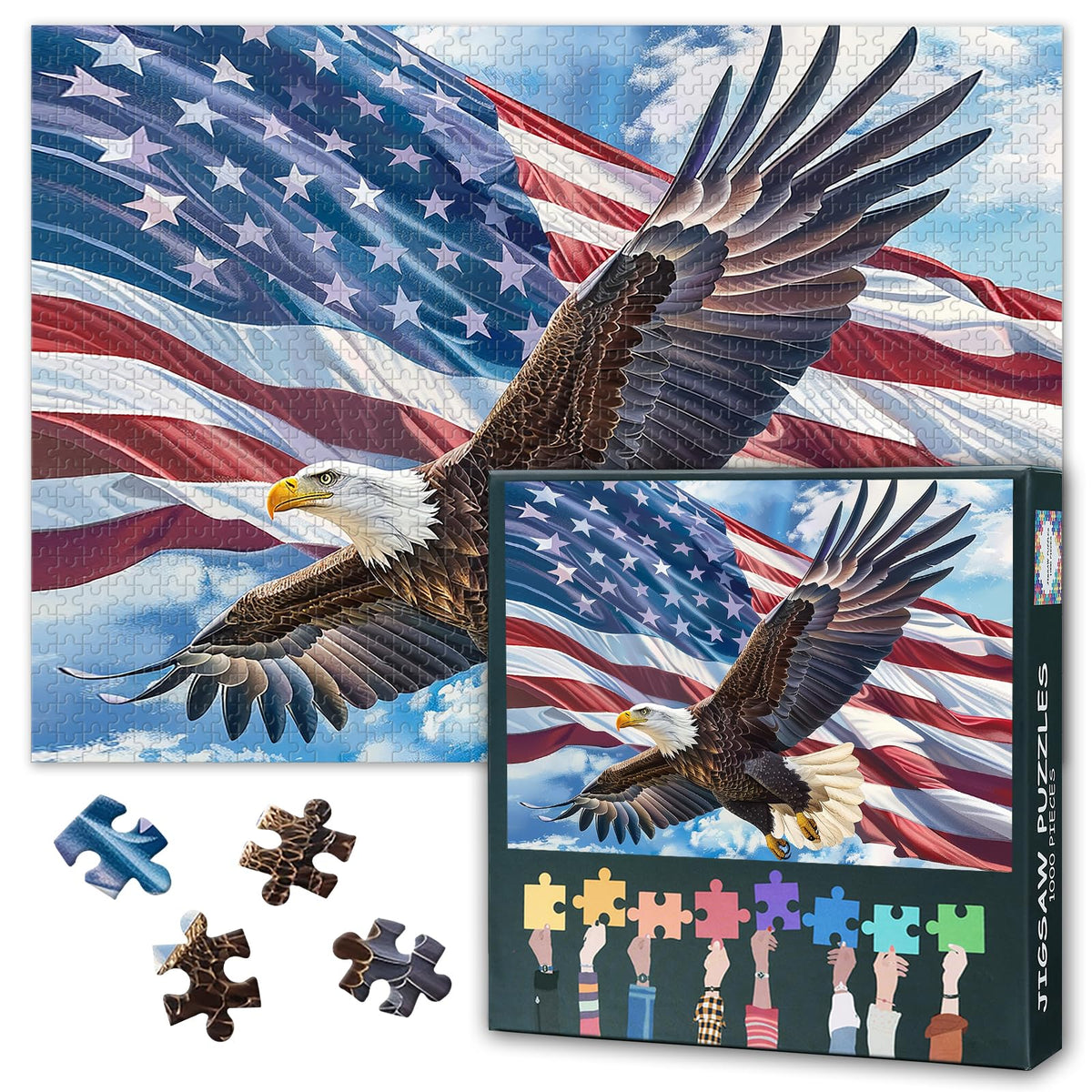 Rebotipy US Flag Puzzle 1000-Piece Bald Eagle Jigsaw | Family Gift Idea